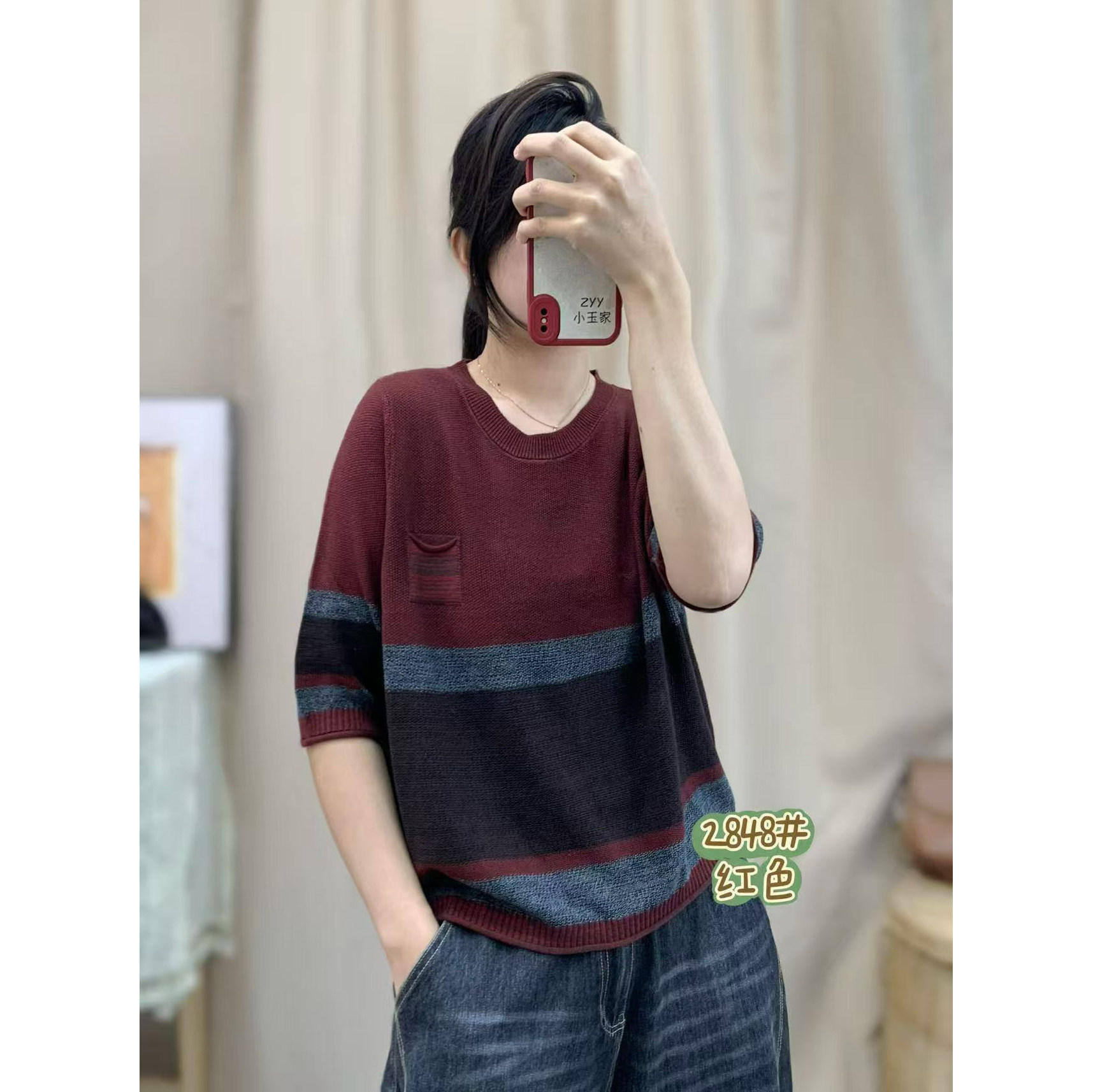 夏季薄款复古圆领棉线短袖T恤女宽松休闲文艺针织衫五分袖上衣女