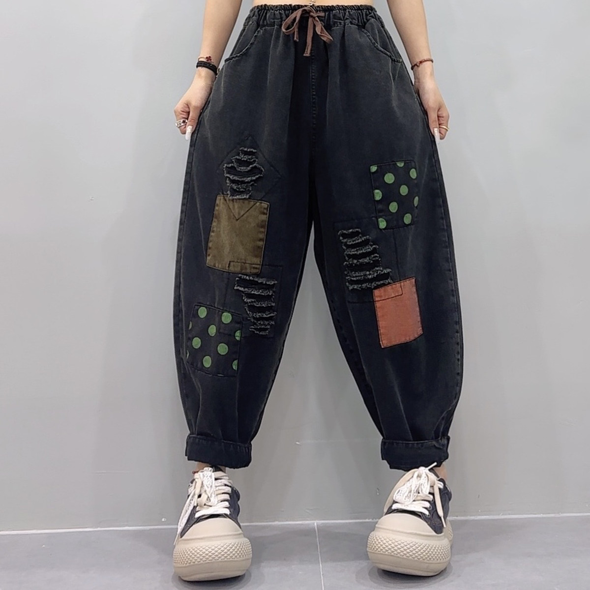 春季新款复古破洞牛仔裤女哈伦裤高腰显瘦休闲萝卜裤百搭老爹裤女