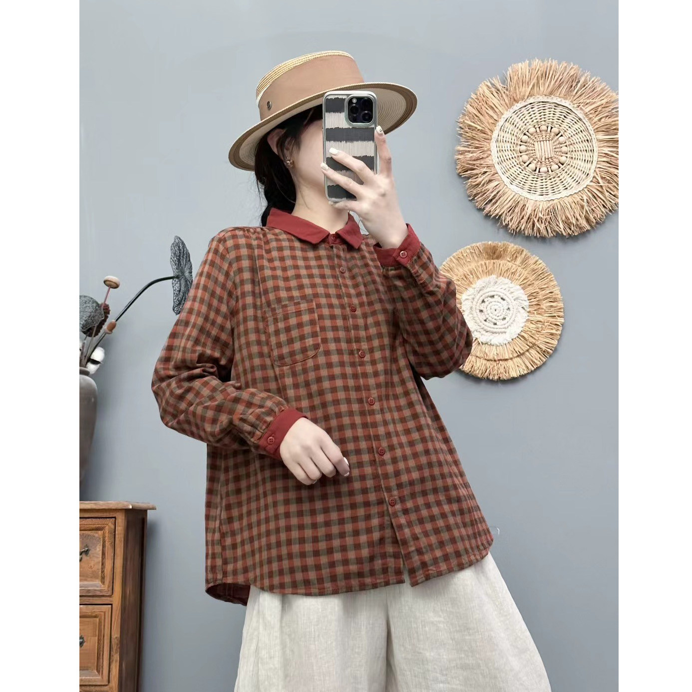 秋季薄款复古文艺格子长袖衬衫女宽松双层棉纱纯棉上衣休闲衬衣女