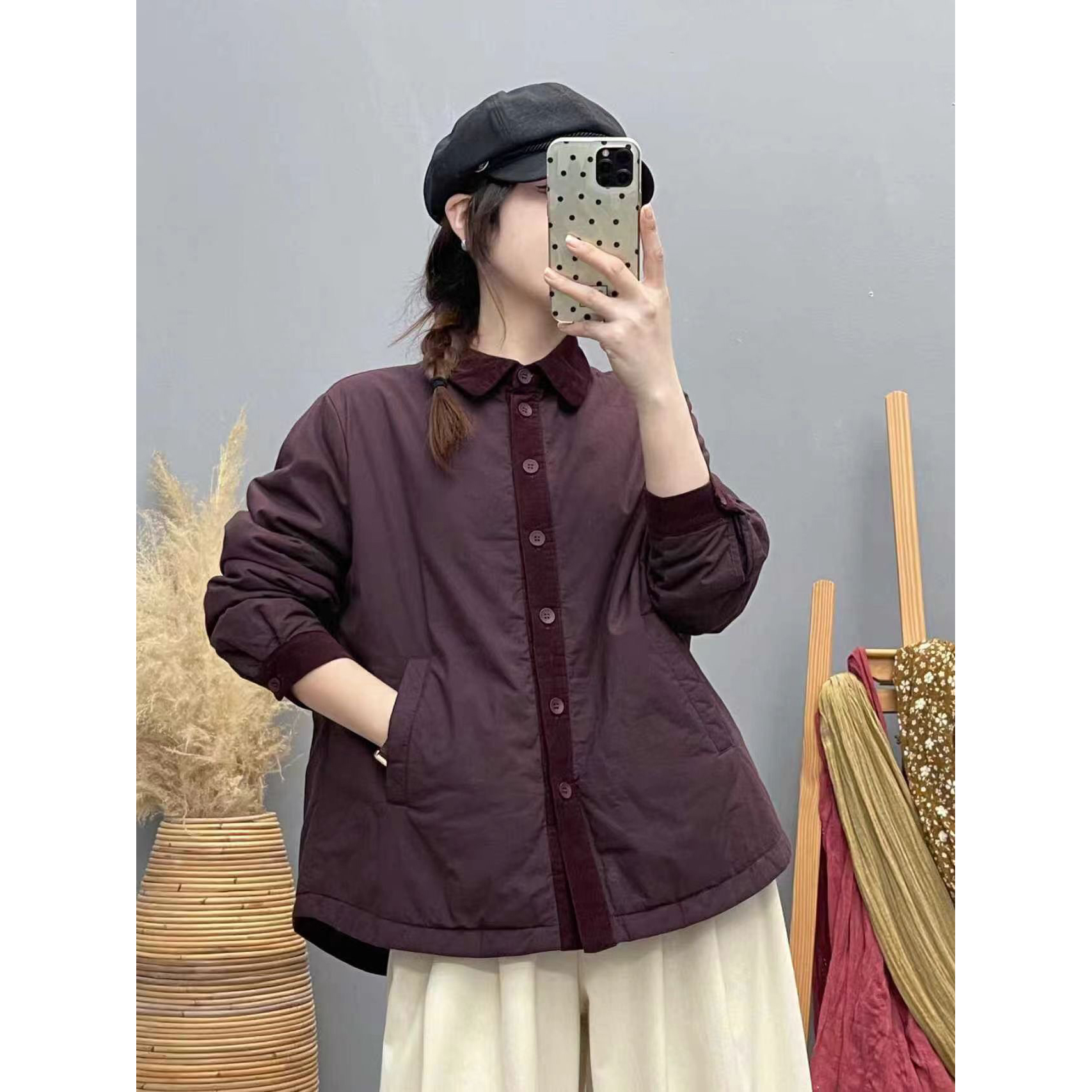 秋冬新款复古加厚夹棉长袖衬衫女方领纯棉灯芯绒上衣休闲棉衣外套