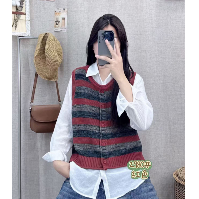 秋季新款复古圆领棉线马甲女宽松无袖针织衫上衣短款毛衣开衫外套