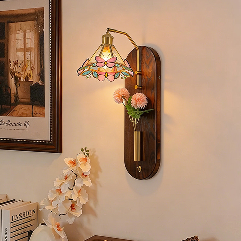 中古风花朵卧室壁灯法式实木复古怀旧胡桃色床头装饰氛围背景墙灯