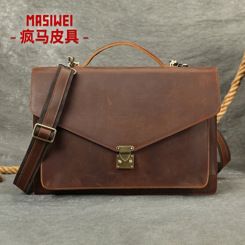 2026春季疯马皮高档商务公文包包盖式锁扣手提电脑包真皮时尚男士