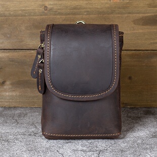 2025秋冬厂家疯马皮手机包真皮男包穿皮带腰挂包复古风头层牛皮6