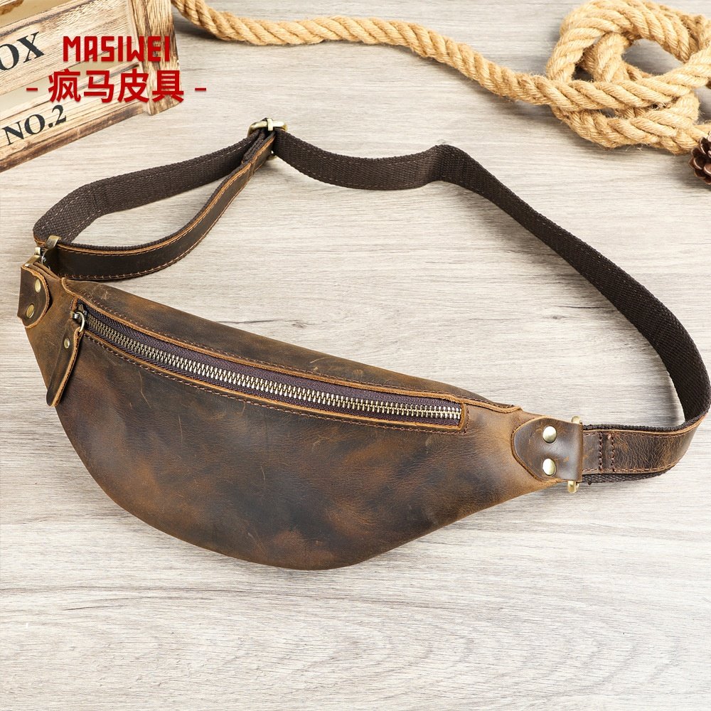 2026春季跨境现货欧美复古疯马牛皮男士腰包新款运动多功能真皮,箱包皮具/热销女包/男包,胸包,淘宝优惠券,粉丝福利购,淘宝优惠卷