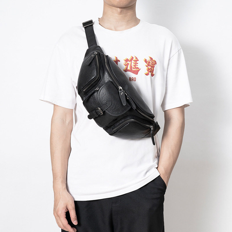 2026春夏跨境新款男士真皮胸包植鞣皮多功能腰包户外通勤牛皮挎包