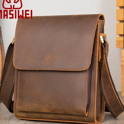 2025秋冬疯马皮男包男士真皮单肩包男款复古潮流斜挎包大容量牛皮