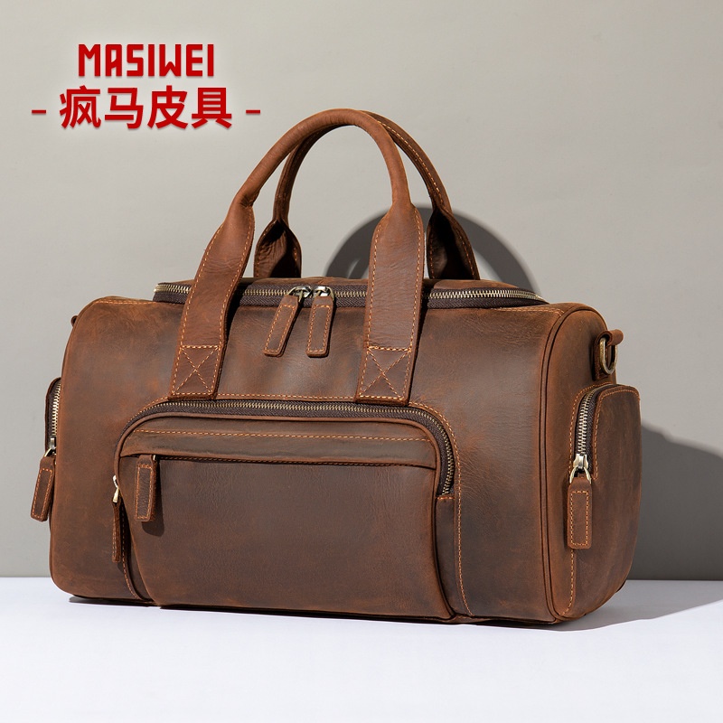 2025秋冬跨境复古疯马皮旅行包大容量男式差旅运动包健身包长短途