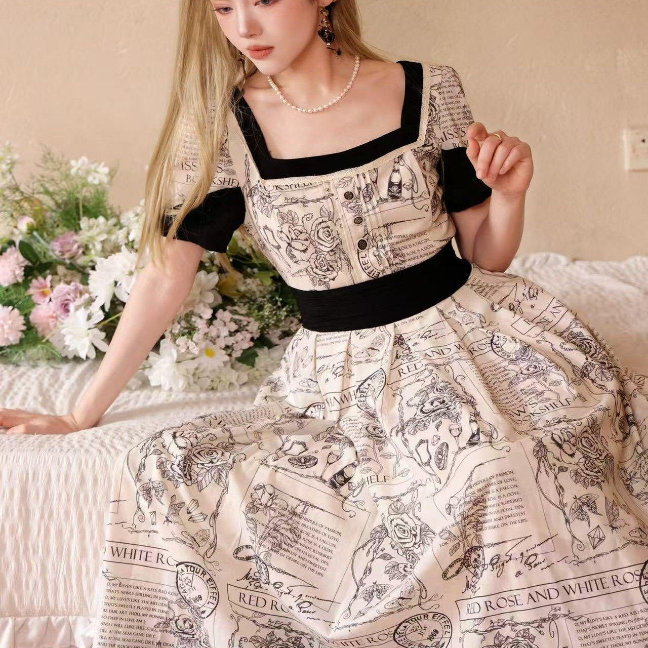 短袖方领法式连衣裙田园风印花优雅中长裙夏玫瑰人生 W小姐的书架,女装/女士精品,连衣裙,淘宝优惠券,粉丝福利购,淘宝优惠卷