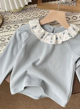 2025秋冬新款宫廷复古女童小碎花荷叶领长袖打底衫翻领上衣