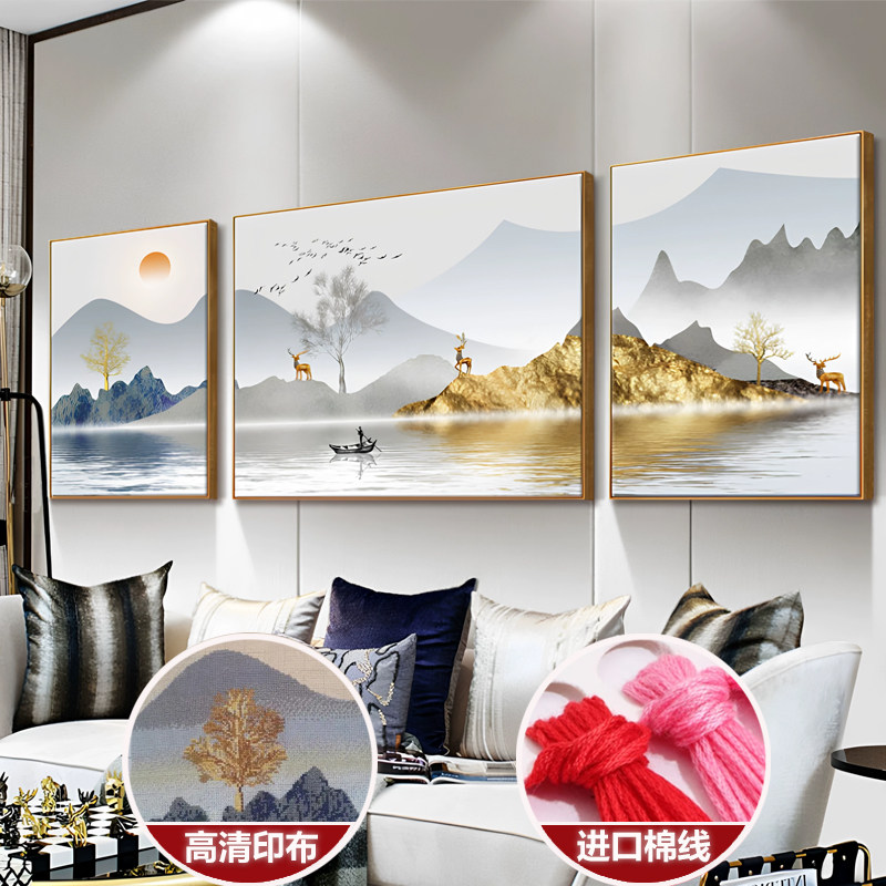 蒙娜丽莎十字绣金山麋鹿轻奢三联画山水风景2026新款客厅线绣满绣
