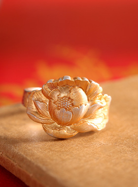 人品银品时尚通勤指环足银999.9牡丹花戒指开口描金简约女食指戒