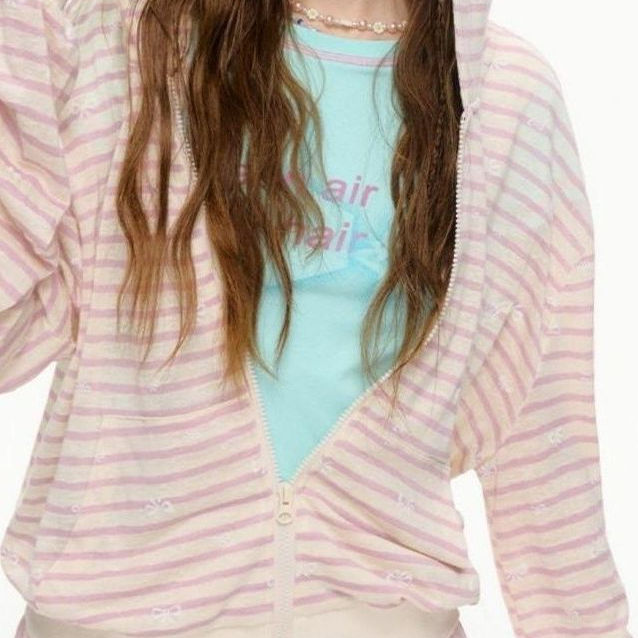 夏日蝴蝶结印花防晒长袖连帽粉白条纹开衫罩衫宽松休闲通勤外套