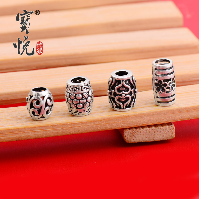 s925纯银桶珠配件diy手工编织红绳手链海浪纹路路通复古隔珠银饰