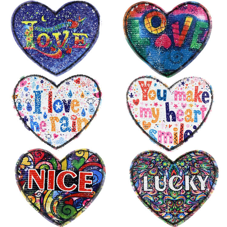 时尚大号补丁贴花服装辅料印花珠片绣花翻转亮片布贴桃心英文字母