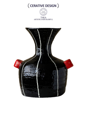 大丹陶瓷简约现代暗黑风设计陶瓷花瓶黑色条纹装饰摆件家居艺术品