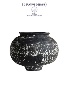 诧寂风复古陶土花瓶黑色不规则陶瓷圆形家居艺术装饰茶室摆件花器