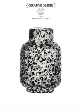 TAKA简约现代玻璃花瓶黑白斑点纹理艺术黑色书房台面花器装饰摆件