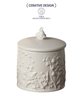 CERATIVE DESIGN陶瓷储物罐浮雕纹理白色带盖家居艺术收纳罐轻奢