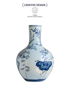 新中式青花陶瓷花瓶摆件感客厅玄关插花装饰花瓶酒店民宿摆设