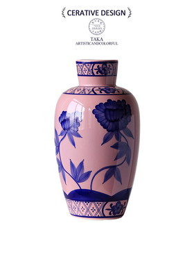 新中式意式东方古董陶瓷花瓶粉色印花撞色中古高级感家居装饰摆件