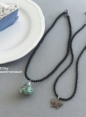 天然黑玛瑙个性绿色贝壳吊坠项链ins博主小众锁骨链时尚颈链女
