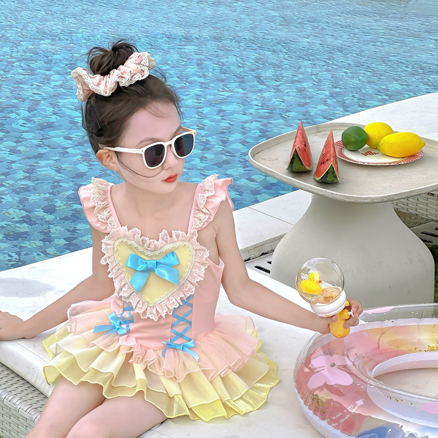 女童粉色连体泳衣女孩甜美速干游泳衣儿童蕾丝公主裙女宝温泉泳装