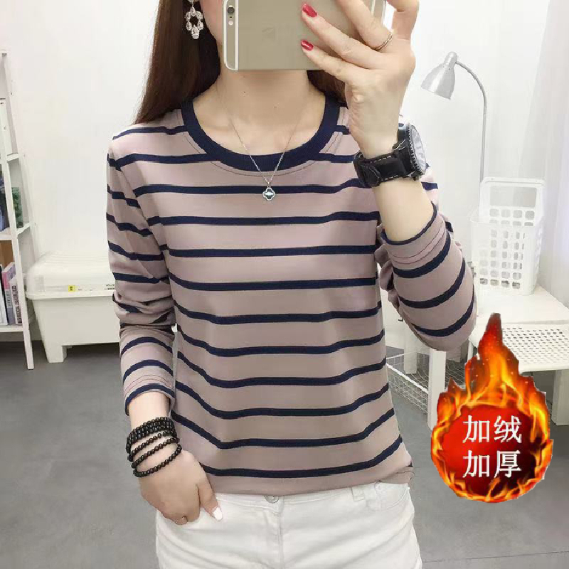 加绒加厚条纹T恤女长袖保暖上衣气质秋冬装新款宽松大码ins打底衫