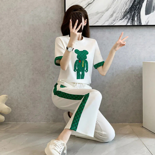 休闲运动套装女夏季薄款时尚网红炸街跑步短袖长裤运动服两件套潮