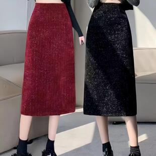 亮丝半身裙女2025新款春秋冬款中长款复古红色直筒显瘦一步包臀裙