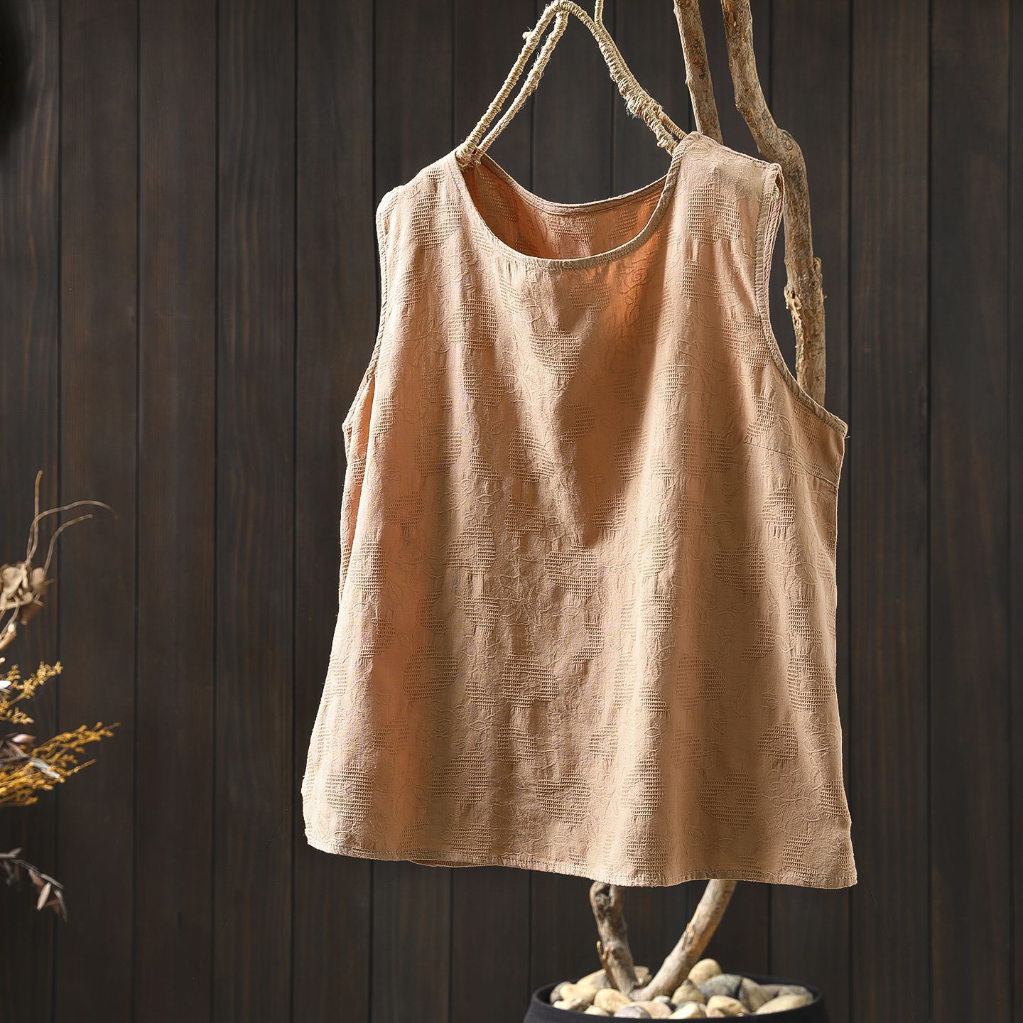 休闲复古百搭圆领无袖上衣