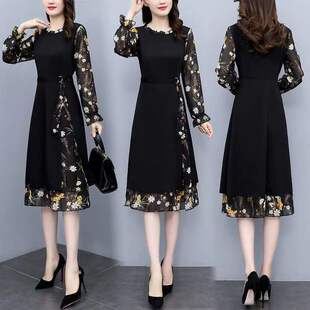 洋气假两件雪纺连衣裙女夏季 遮肚子显瘦妈妈气质名媛高端裙子 大码