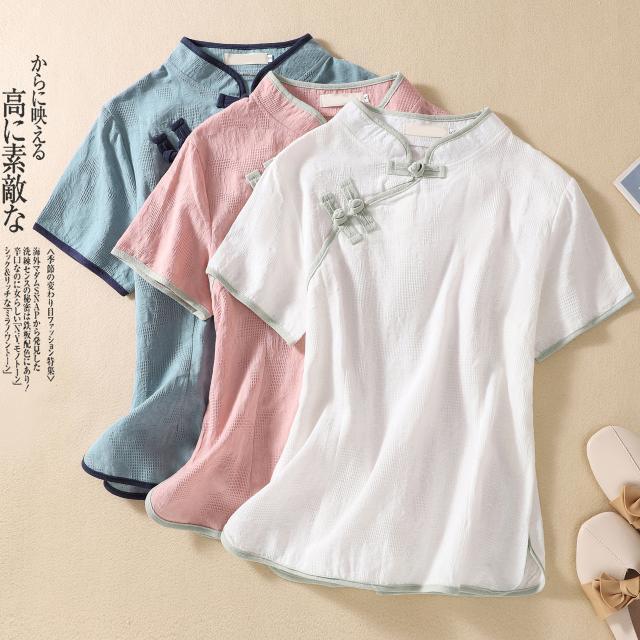 民国改良汉服女款复古棉麻衬衫夏季中式禅意茶服短袖斜襟盘扣上衣