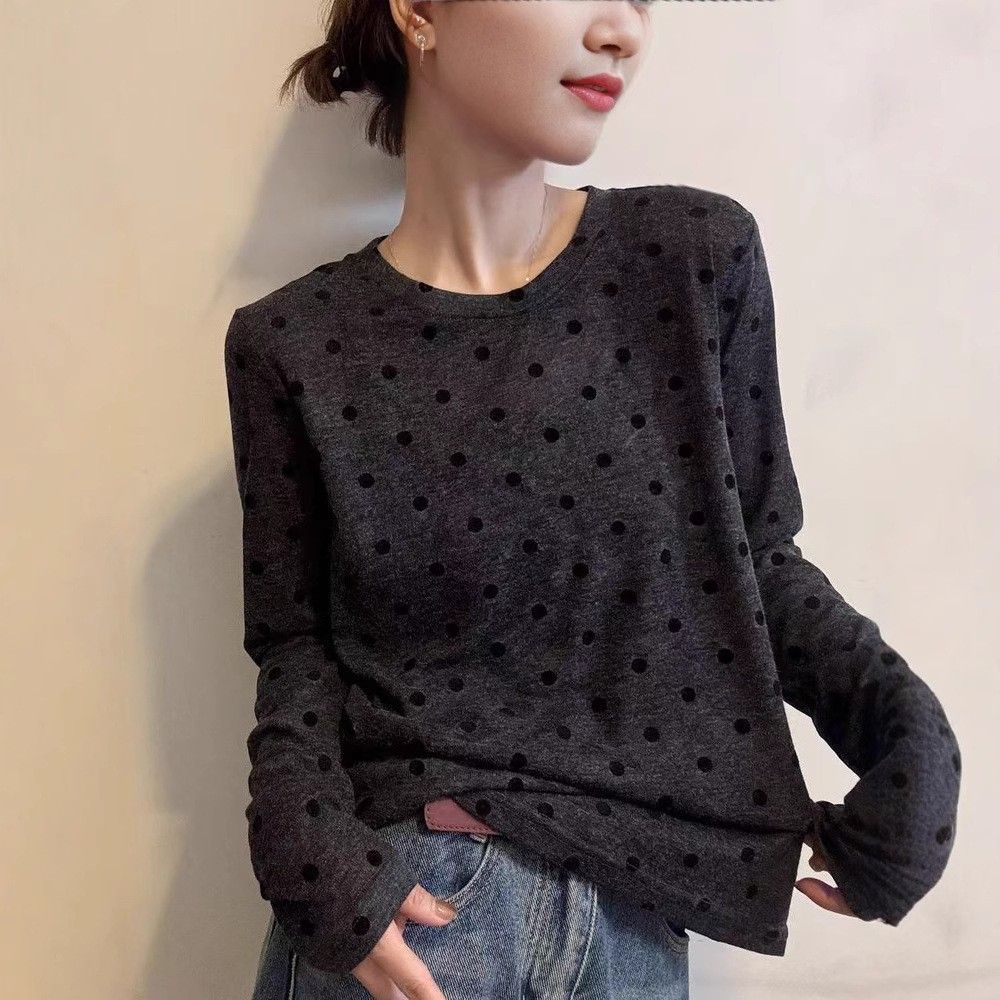 大码黑色波点圆领内搭打底衫女秋季新款胖mm显瘦正肩长袖t恤上衣