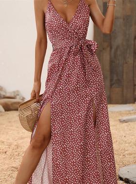 Sexy deep V-neck lace-up slit camisole dress  系带开叉吊带裙