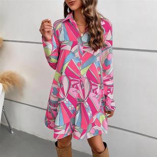 Stylish long-sleeved printed shirt dress  长袖印花衬衣连衣裙