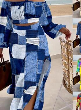 A two-piece off-the-shoulder slit maxi dress  露肩开叉两件套