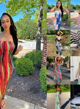 Colorful tie-dye off-the-shoulder wrap dress扎染露肩裹胸女裙