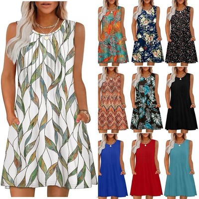 Crewneck pull-up vest print pocket dress  拉条印花口袋连衣裙