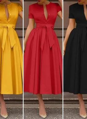 Hot sale elegant large swing pleated dress优雅大摆褶皱连衣裙