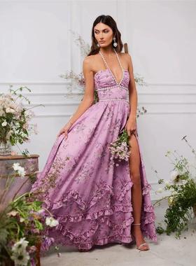 Elegant print slim fit resort slip dress印花修身大摆度假长裙