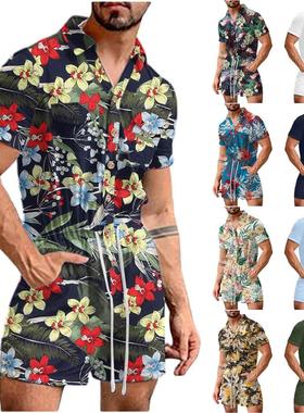 Hot selling printed shirt button jumpsuit 印花衬衣纽扣连体服