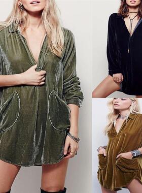 V-neck long-sleeved gold velvet shirt dress  V领金丝绒衬衣裙