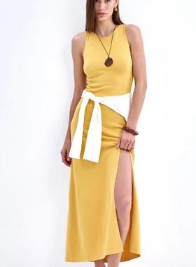 Long elegant slit tight vest sweater dress优雅开叉紧身毛衣裙