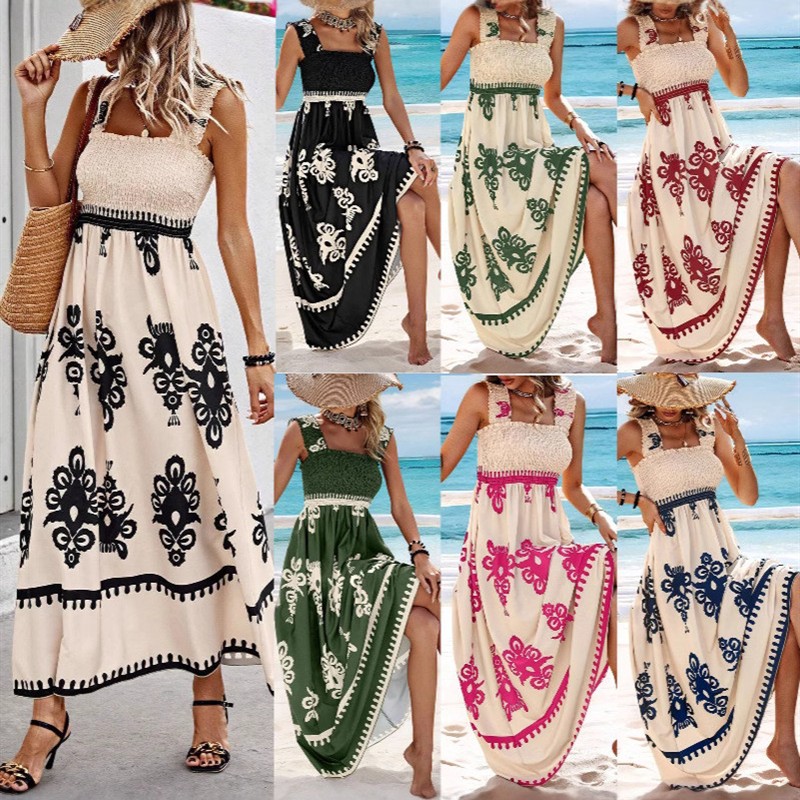 Beach skirt resort-style print wrap dress 沙滩印花裹胸连衣裙