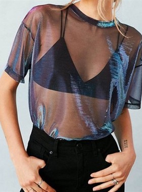 Laser mesh T-shirt casual see-through top镭射网纱T恤透视上衣