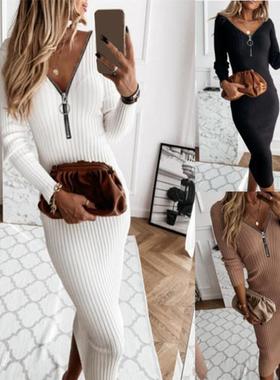 Slim zippered V-neck pit strip maxi dress拉链V领大坑条连衣裙