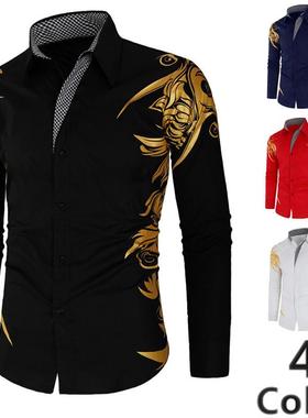 Gold foil printed men's long-sleeved shirt  烫金印花长袖衬衫