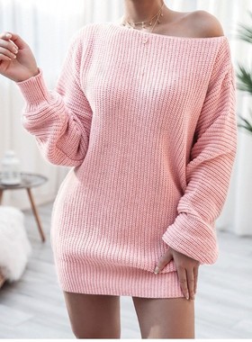 Stylish straight-neck knitted sweater dress 一字领针织毛衣裙