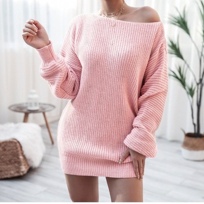 Stylish straight-neck knitted sweater dress 一字领针织毛衣裙